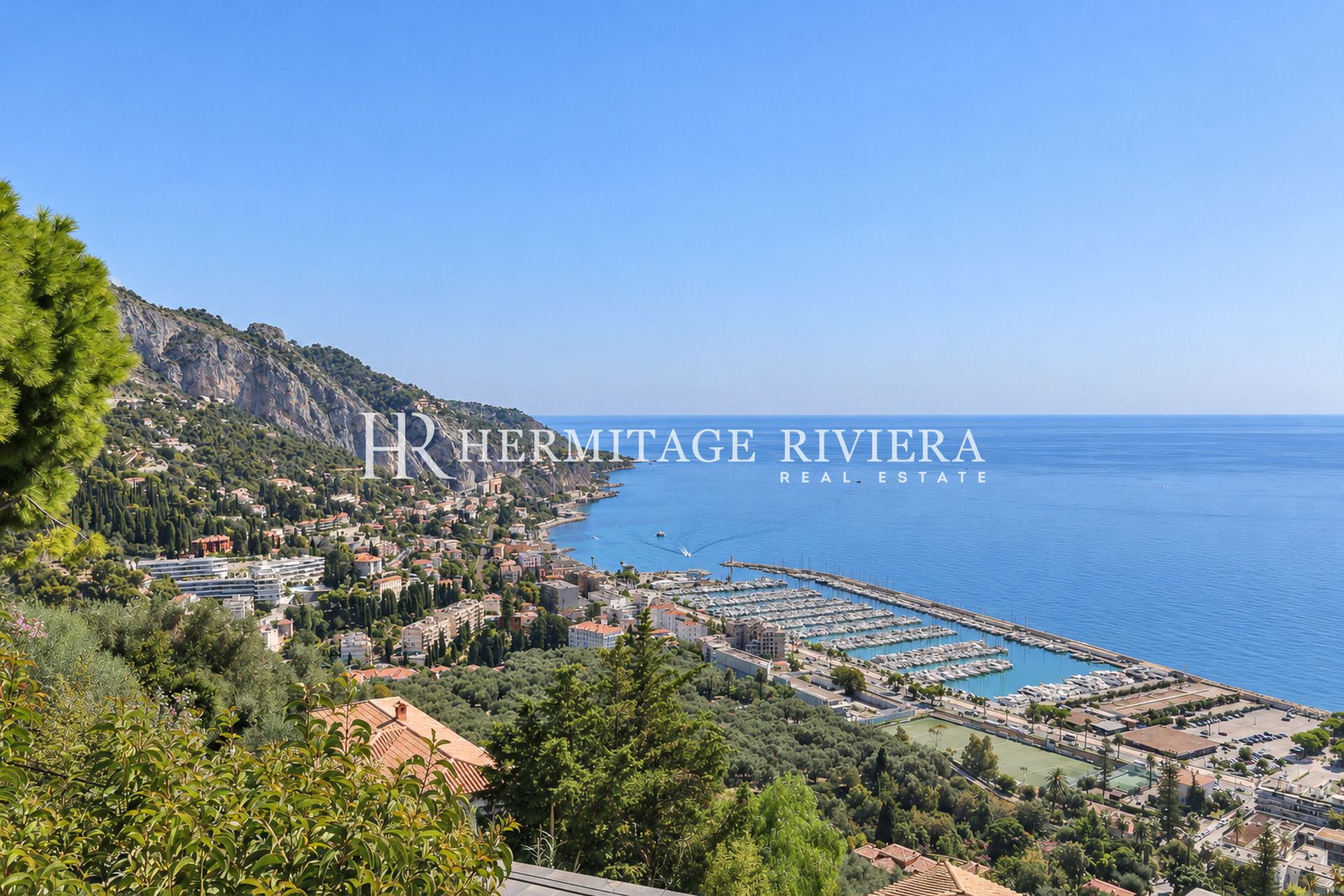 Une vue panoramique d'une ville côtière nichée contre un flanc de montagne escarpé et couvert d'arbres, avec une grande marina remplie de yachts au premier plan. La mer Méditerranée d'un bleu profond s'étend jusqu'à l'horizon sous un ciel clair.